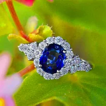 Роскошный женский Овальный Синий цирконовый камень кольцо Мода Серебряный цвет обещание на помолвку кольцо Винтаж Любовь Свадебные Кольца для женщин