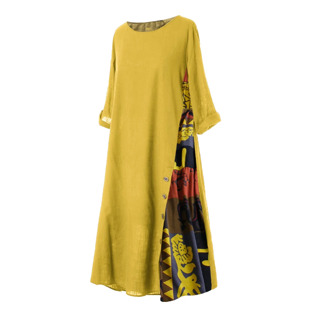 Vintage Maxi Dress Women Spring Summer Half Sleeve Buttons Printed Long Dresses Plus Size Casual Loose Big Swing Dress Robe 5XL long sleeve maxi dress