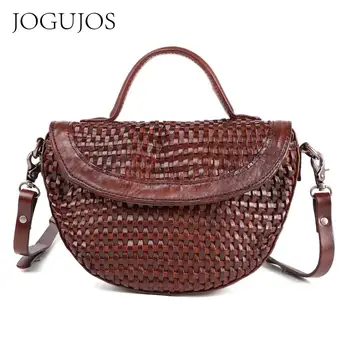 

JOGUJOS Genuine Leather Woven Bag Fashion Shoulder Crossbody Bag Women Messenger Bag Shell Totes Handbag Ladies Small Square Bag