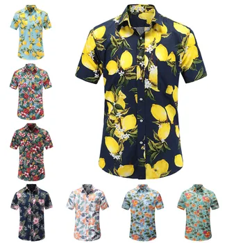 

Men's Beach Shirt Men's Shirt Short Sleeve Hawaiian Men's Short Sleeve Shirt Lemon Print Beach Shirt Floral Print Shirt Man