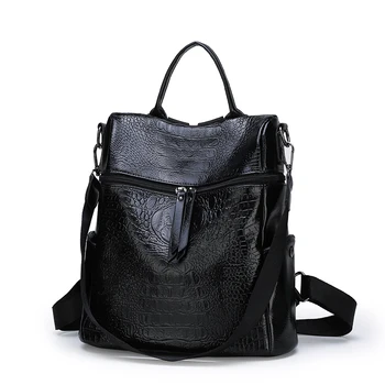 

High quality backpack leisure wild lady shoulder casual bag travel crocodile pattern leather women wild backpack for women