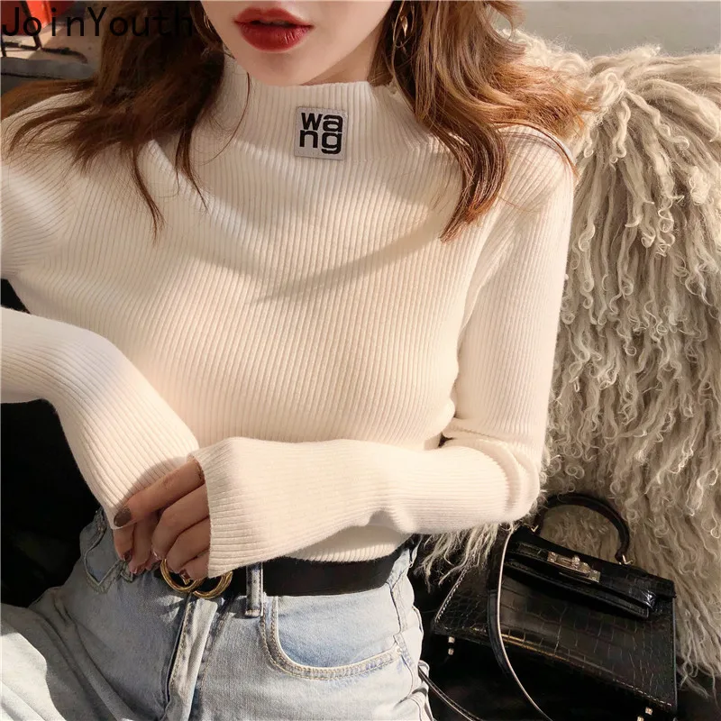 

JoinYouth Half Turtleneck Pullovers Solid Appliques 2019 Autumn Winter All Match Women Sweaters Slim New Pull Femme Fashion J261