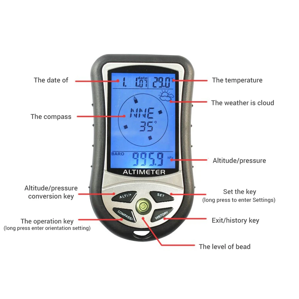 8-в-1 ручной электронный высотомер Компас Давление датчик высоты метра термометр уличный барометр для рыбалки метр 30