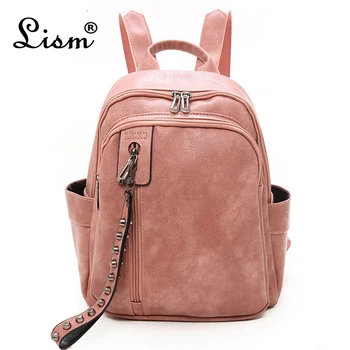 

2020 spring new ladies backpack PU leather multifunctional fashion pendant rivet bag youth girl schoolbag pink main