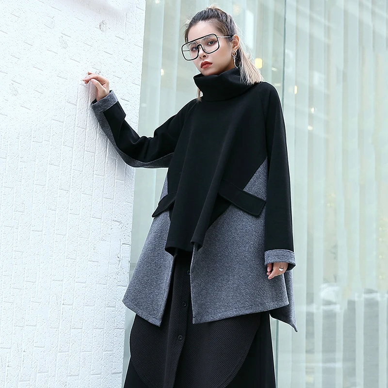 [EAM] свободный крой контрастного цвета Асимметричный шерстяной свитер высокий воротник для женщин большой размер мода осень зима 1B335 - Цвет: black