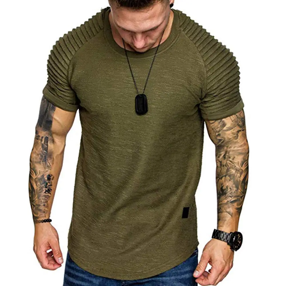 

PGCL2832 Men's Causal Crewneck Applique Solid Color Layer Raglan Sleeves T-Shirt Solid Cotton