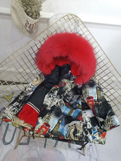 Gear Red Fur Парка с натуральным мехом для мальчиков и девочек зимняя теплая куртка с граффити детская одежда пальто с капюшоном из натурального меха енота подкладка из натурального кроличьего меха TZ373 - Цвет: Gear Red Fur