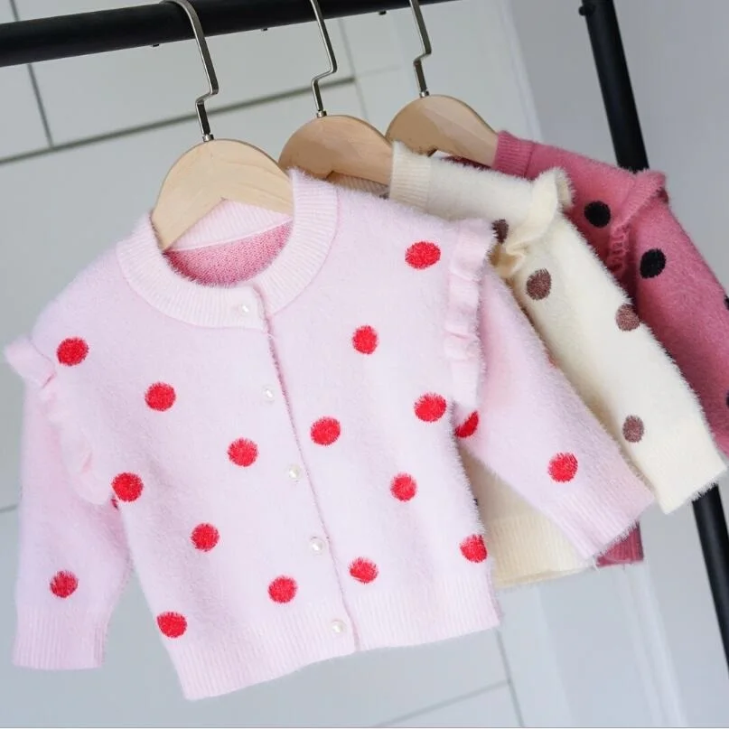 Весенне-осенний свитер с длинными рукавами для девочек Детский кардиган одежда в горошек для девочек пальто и куртки для маленьких девочек JW5017