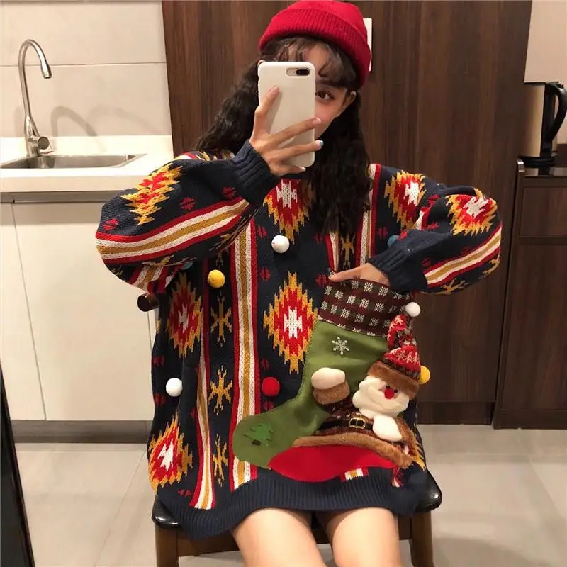 Корейские Зимние Уродливые Рождественские свитера, пуловер, повседневный женский джемпер, вязаный свитер большого размера, красные свитера с длинными рукавами для влюбленных