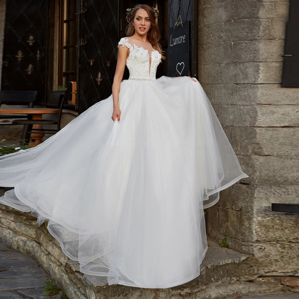 A Line Princess Wedding Dresses with Beaded Sash Lace Appliques Scoop Neck Short Sleeves Wedding Gowns Button Back Vestidos