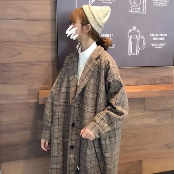 Harajuku шерстяная клетчатая куртка Женская Корейская версия школьного длинного женского пальто зимние свободные теплые куртки для отдыха