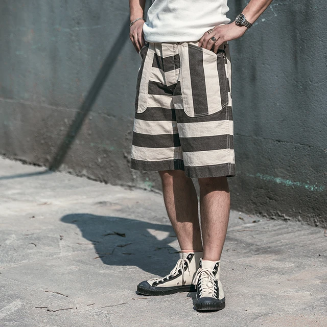 Non Stock Black White Prison Striped Shorts Vintage Men's Relaxed