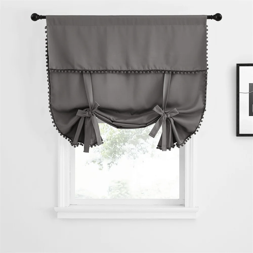 NICETOWN Tie Up Shade Rod Pocket Blackout Curtain with Small Ball Modern European and American Style for Kitchen Small Window 