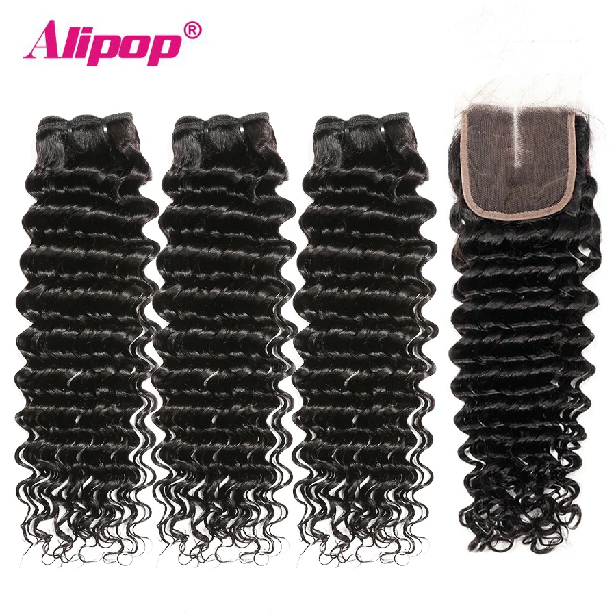 

Deep Wave Bundles With Closure Peruvian Hair 3 Bundles Human hair Bundles With Lace Closure TOP 4x4 Remy Hair Extensions ALIPOP