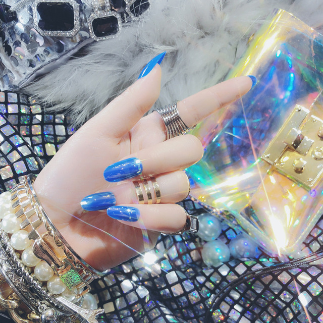 24Pcs Shiny Punk Style Fake Nails Long Ellipse Metallic Mirror Full Cover False Press On Nails Manicure Beauty Tools