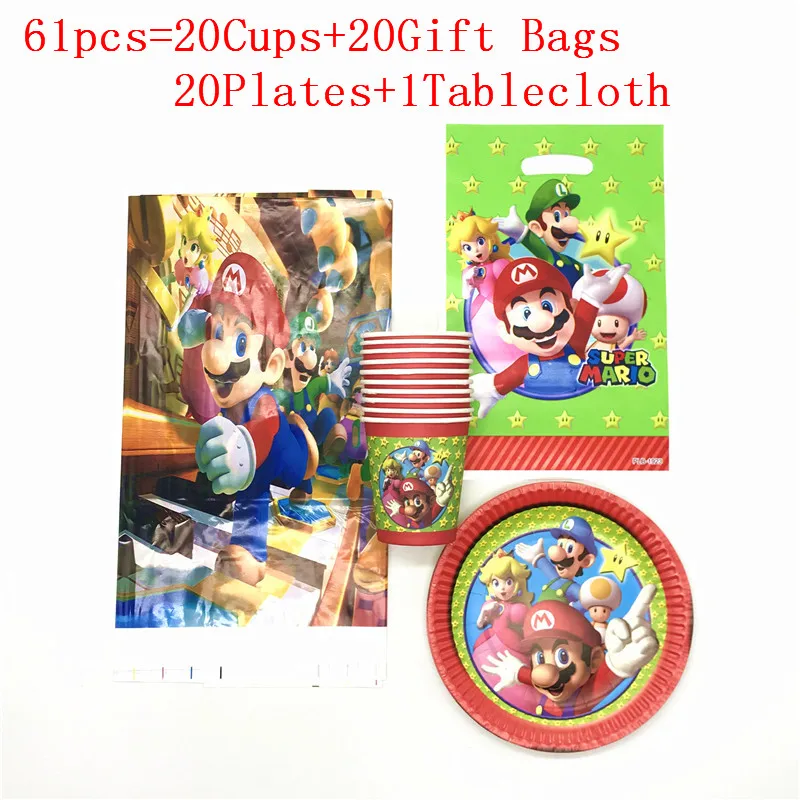 31 шт./61 шт., Вечерние Декорации для девочек Super Mario Bros на день рождения, чашки+ тарелки+ скатерти+ сумки, семейные вечерние принадлежности