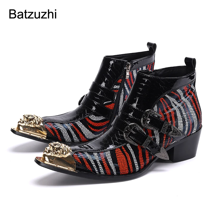Batzuzhi 6.5cm Heels Height Men's Boots Western Handmade Genuine Leather Ankle Boots Men Golden Toe Buckles Motorcycle Botas