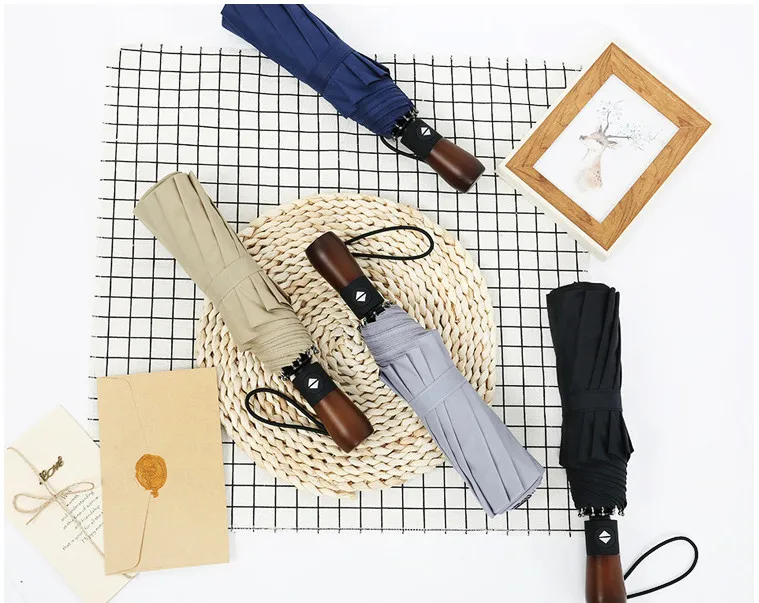 Male Business Solid Wood handle Retro Gentleman Umbrella Ten Bones Windproof Umbrella Tri-fold Automatic Fold Sunny Umbrella