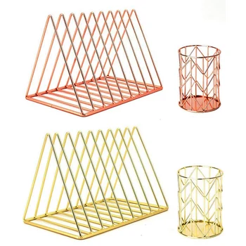 

2 Set Desktop Organizer Desk Accessories Set azine File Rack Pencil Holder Office Desk Supplies - Rose-Gold & Gold