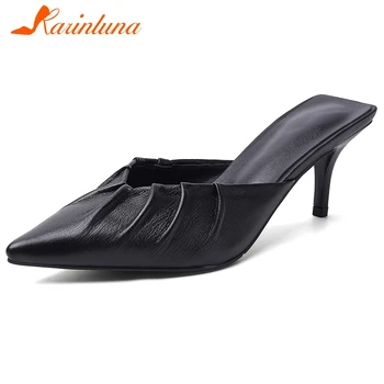 

Karinluna 2020 Fashion New Genuine Cow Leather Elegant Pumps Woman Shoes Thin High Heels Pointed Toe Slip-On Concise Pumps Women