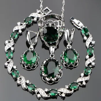 

Wedding Green Zircon Silver 925 Jewelry Sets Women White Stones Earrings Bracelets Pendants&Necklaces Rings Set Gift Box