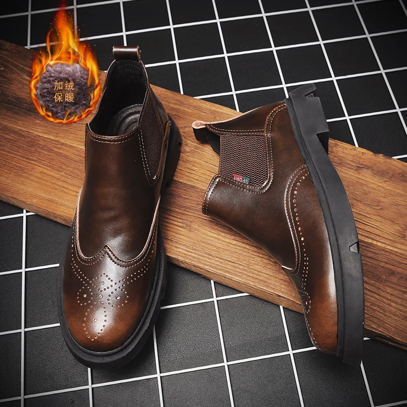 Осенне-зимние кожаные ботинки для мужчин; коричневые ботинки в британском ретро-стиле; брендовые Дизайнерские мужские ботинки «Челси»; модная обувь с мехом; ботинки-броги