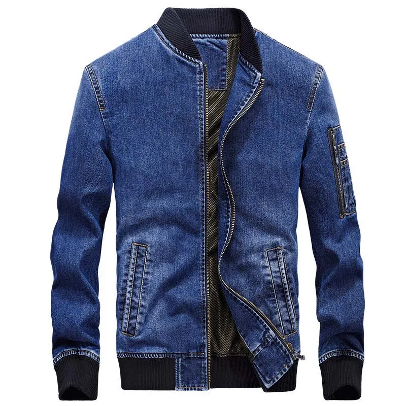 

Spring Autumn Fashion Baseball Collar Jeans Jacket Men Casual Bomber Denim Jacket Coats Male Clothing Embroidery Big Size Blue
