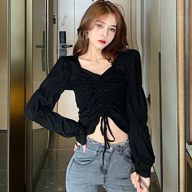 Sweet Exposed Navel Blouse Fashion Solid Color V-Neck Blouses Women Long Sleeve Shirt Tops