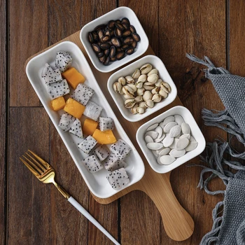 

Nordic Art Ceramic Grid Fruit Platter Household Square Multi-grid Snack Plate with Bamboo Mat Afternoon Tea Dessert Candy Plate