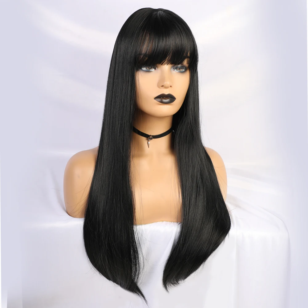 Длинные прямые черные парики термостойкие синтетические с челкой для женщин