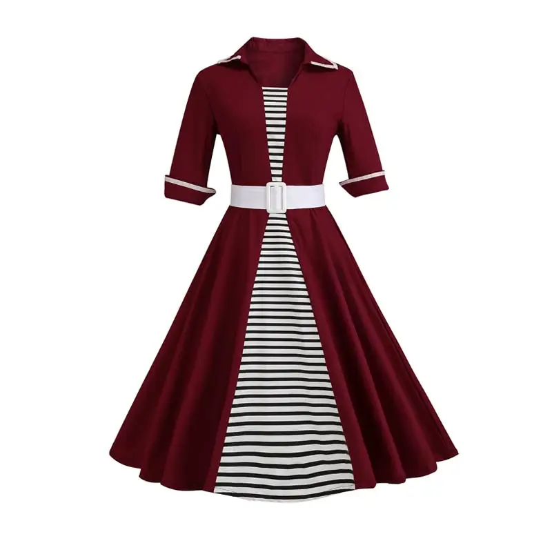 Winered OTEN осень плюс размер повседневное женское платье ретро Vestidos лоскутное Полосатое с поясом поло Половина рукава длиной до колена винтажное платье - Цвет: Winered