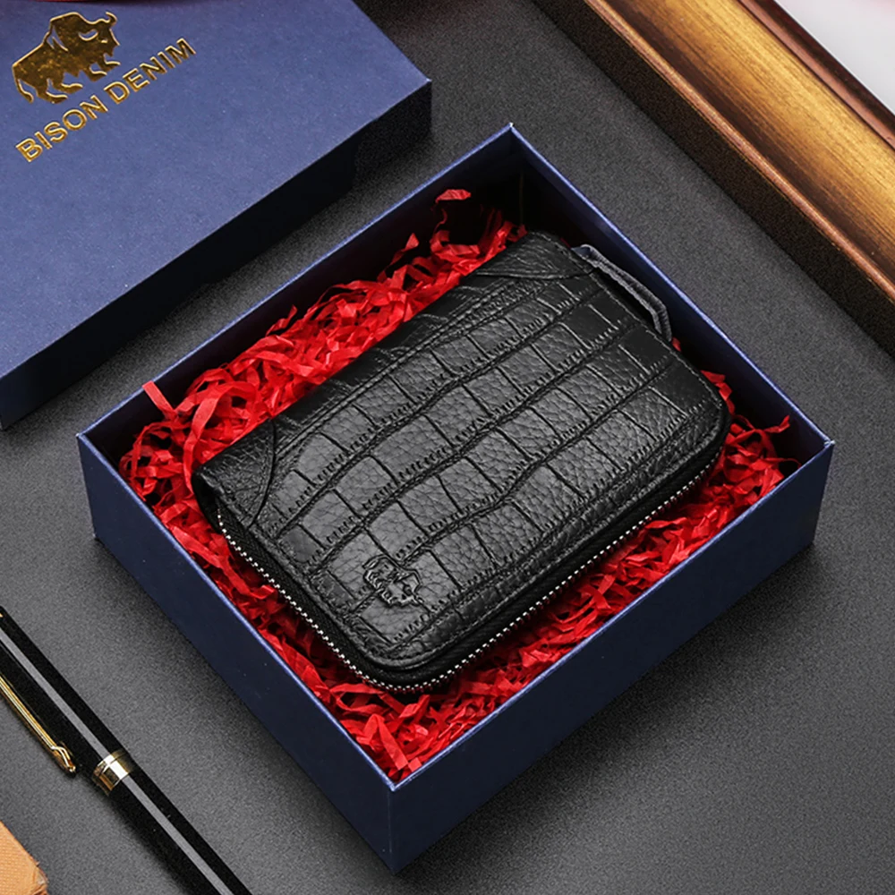 

BISON DENIM Genuine Leather Wallet Men Business Credit Card Holder Wallet Multi-functional Coin Wallet Luxury Purse Wallet N9523