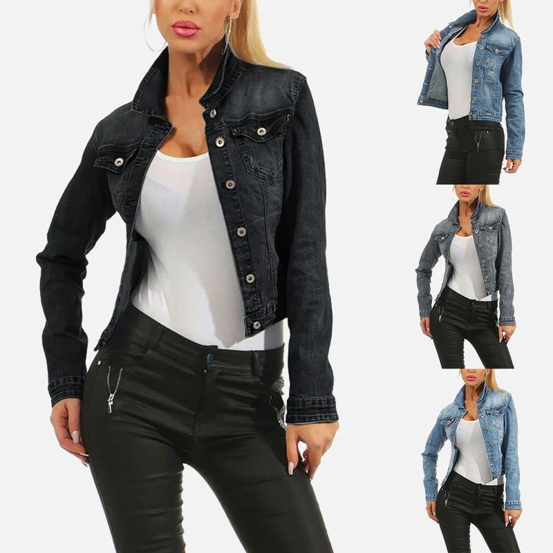 

Turn-down Collar Jeans Jacket Short Women Light Blue Black Pocket s Denim Jackets 2019 Autumn Fashion Long Sleeve Casual Coat