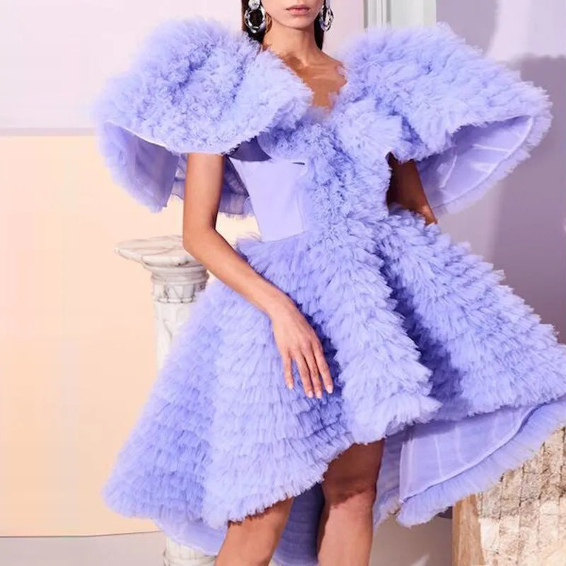 

robe de soiree Lilac Paris Evening Dress Midi Length abendkleider Capped Sleeve Evening Dresses Tulle Tiered Custom Made