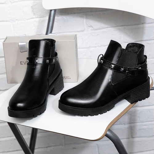 LZJ/ ботинки на резиновой подошве с пряжкой; зимние ботинки «Челси»; женская обувь; Осенняя женская обувь на квадратном каблуке - Цвет: Черный