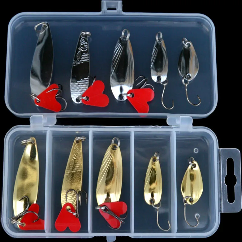 10PCS/Set Lure Metal Spinner Lure Spoon Set Gold Fishing Spinner Lure  Sequins with Box Treble Hooks Fishing Tackle Hard Bait