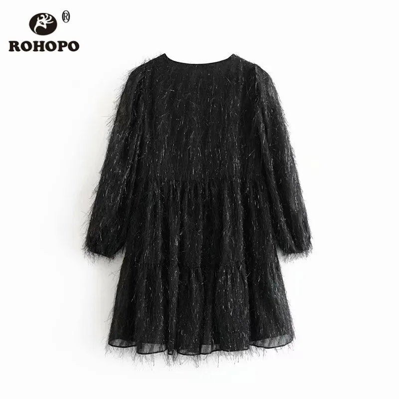 ROHOPO v образный вырез длинный рукав кисточка прямое платье металлическая нить