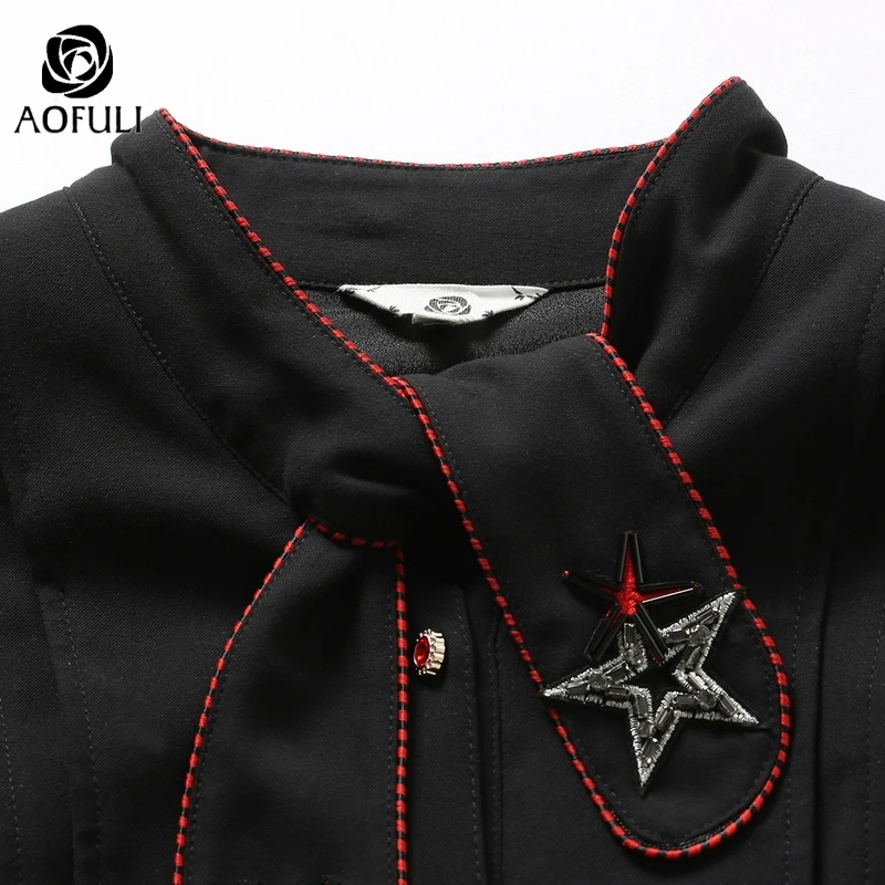 L-4XL 5XL плиссированные платья со звездами и бусинами с галстуком-бабочкой для офисных леди весеннее маленькое черное платье с длинным рукавом бренд AOFULI A4164