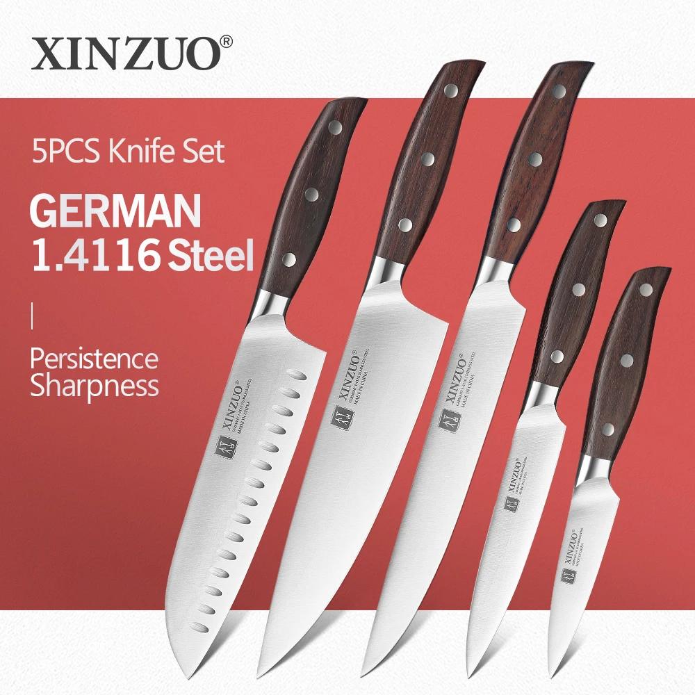 XINZUO High Quality 3.5+5+8+8+7 inch Paring Utility Cleaver Chef Santoku Knife Stainless Steel Cook Tools Kitchen Knives Sets