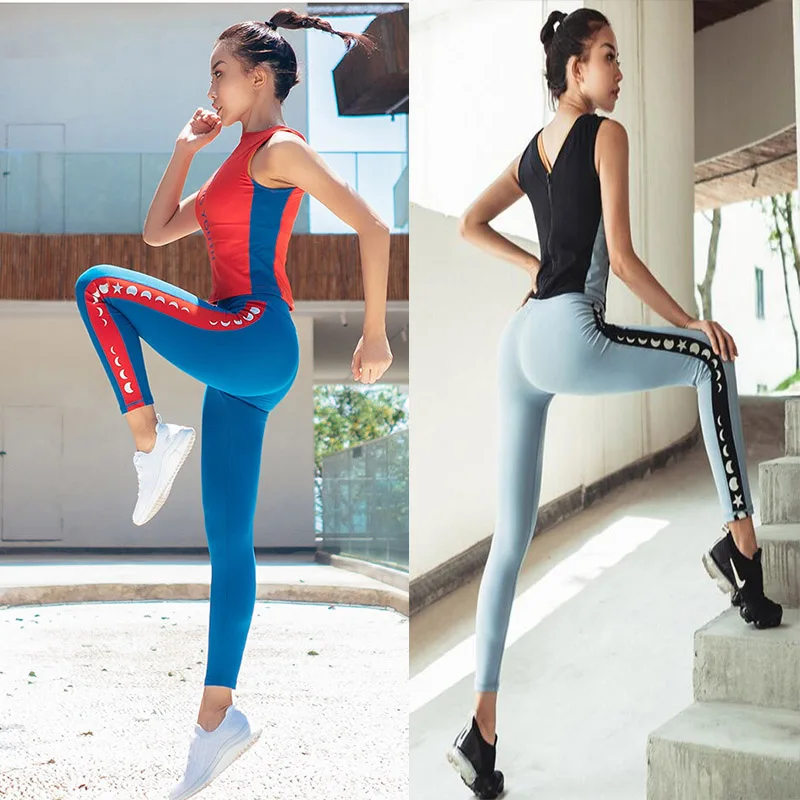 Women Yoga Set Sports Suits 2PCS Fitness Gym Clothing Workout Sets Sport Vest+Slim High waist Yoga Pants stitching sports Sets