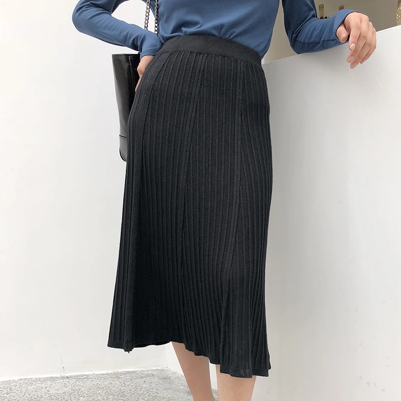 Новые зимние длинные юбки для женщин женские Высокая Талия черная плиссированная юбка корейский стиль Женские повседневные трикотажные миди-юбка saia faldas - Цвет: Черный