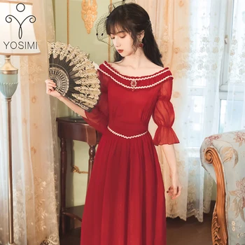

YOSIM Summer Dress 2020 Long Dress for Women Tunic Evening Party Slash Neck Off The Shoulder Fit and Flare Red Chiffon Dresses