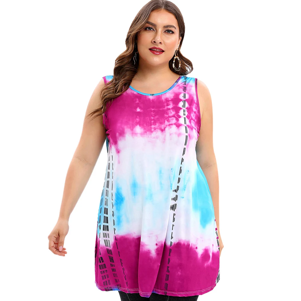 

ROSE GAL Summer Long Tunic Women T-Shirt Plus Size 5XL Casual Tops Female Sleeveless Lace Patchwork Tie Dye Tank Tops Long Shirt