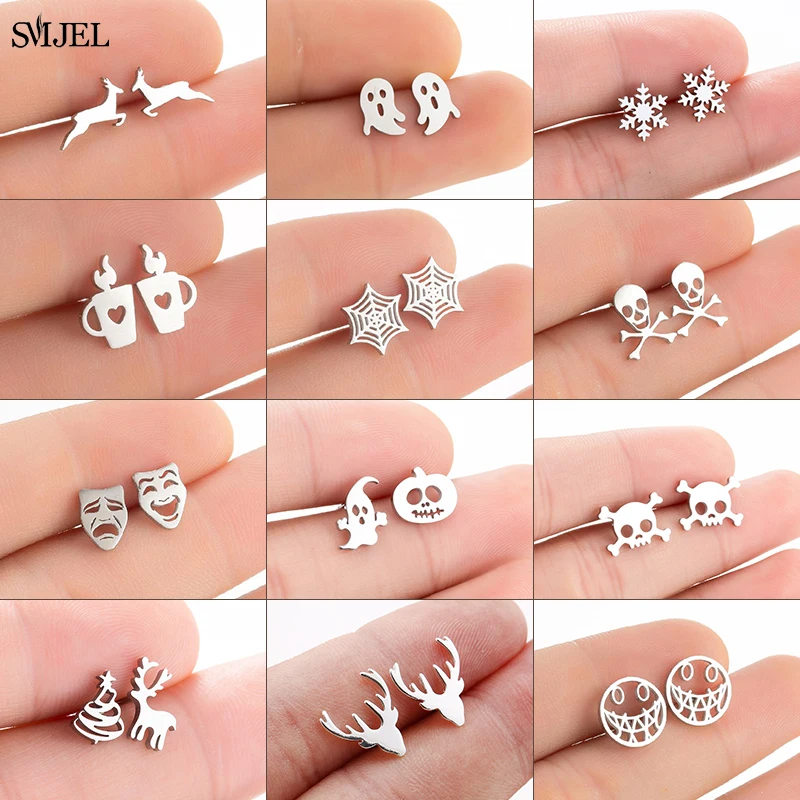 Niedliche Tier-Hirsch-Ohrstecker aus Edelstahl, kleine Schneeflocken-Ohrringe für Frauen, Weihnachtsschmuck, Pendientes-Geschenke