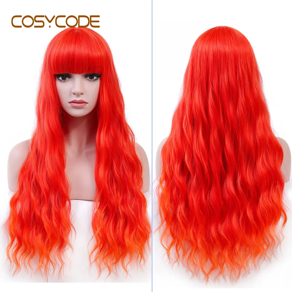 COSYCODE парик блонд с челкой длинные волнистые вьющиеся парик 26 дюймов Синтетические Косплей вечерние парики для женщин Цвет 613 - Цвет: Orange Flame