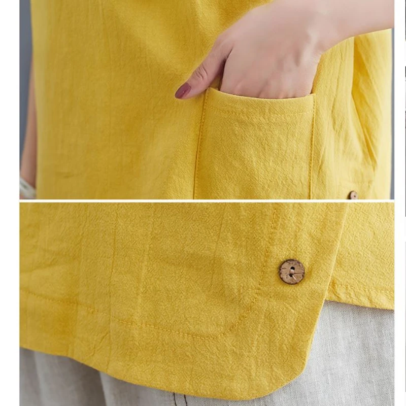 Vintage Pocket Front Plus Size Cotton Linen Top Women Summer Casual Loose Black White Yellow Navy Blouse Shirt Female 6