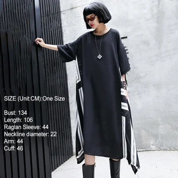 

LANMREM 2020 New Spring Summer Round Neck Three-quarter Sleeve Black Back Striped Irregular Hem Dress Women Fashion JO481