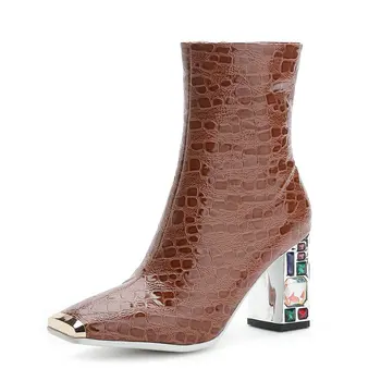 

Female New Big Size Chelsea Boots crystal High Heels Party Dancing Shoes Woman Quality print Leather Women Warm Ankle Boots