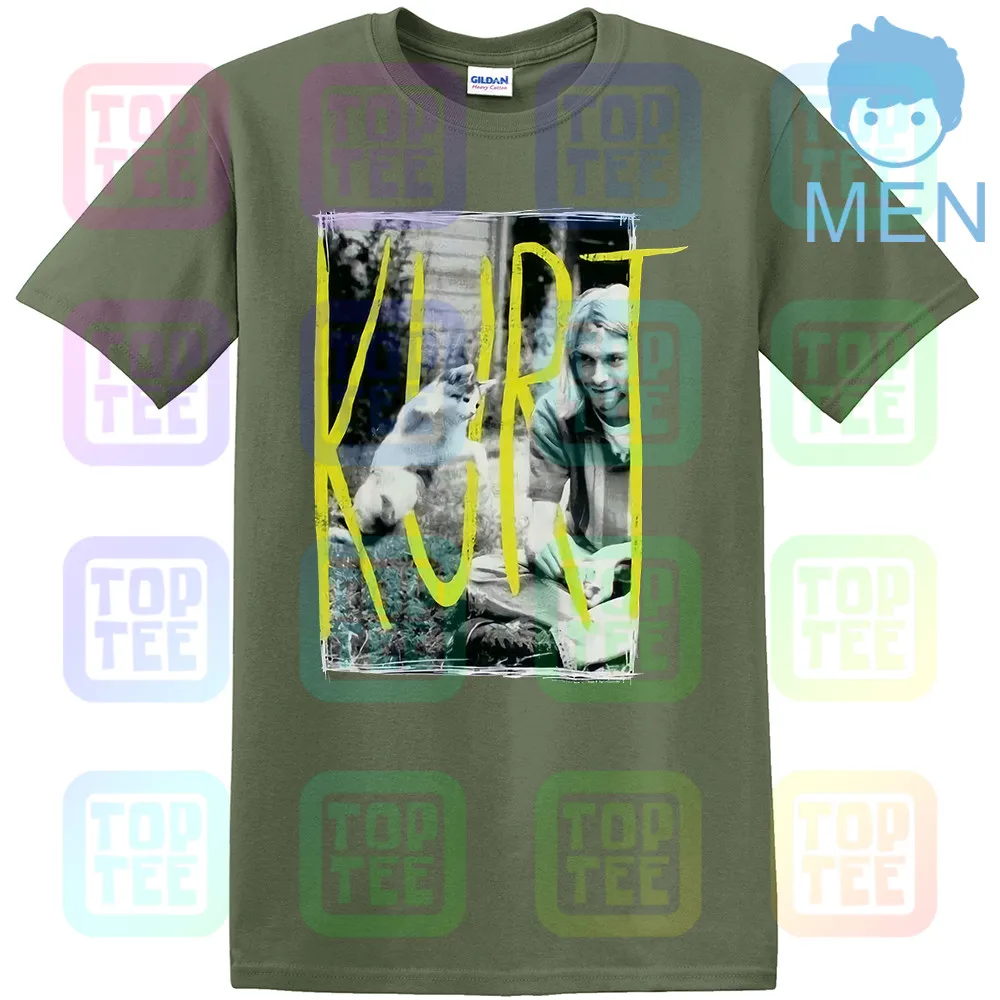 Kurt Cobain& Kitten Cat 90s Icon Nirvana черная футболка Новинка! Панк гранж(3D5 - Цвет: MEN-ARMY GREEN