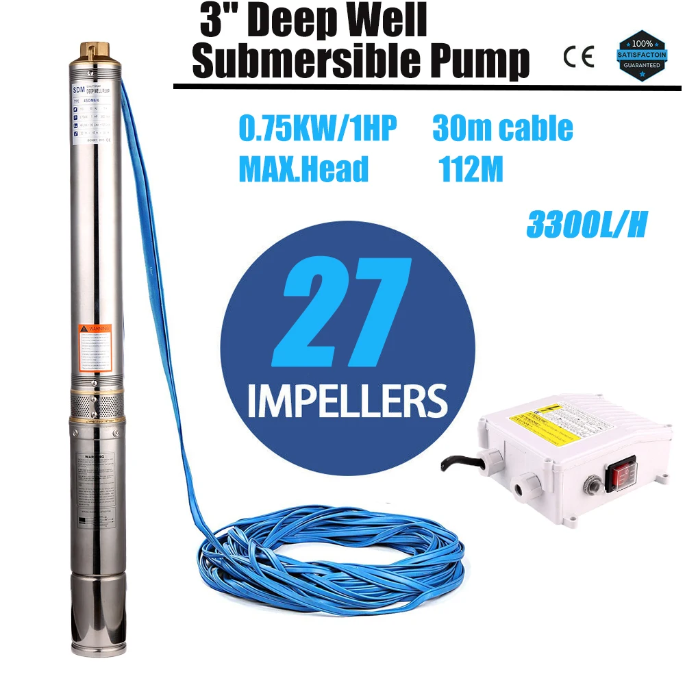 

SHYLIYU 3 Inch Bore Submersible Pump 220V 50Hz 1Hp Stainless Steel Head 112m 3300L Deep Water 27pcs Impeller Well Pump 1" Outlet